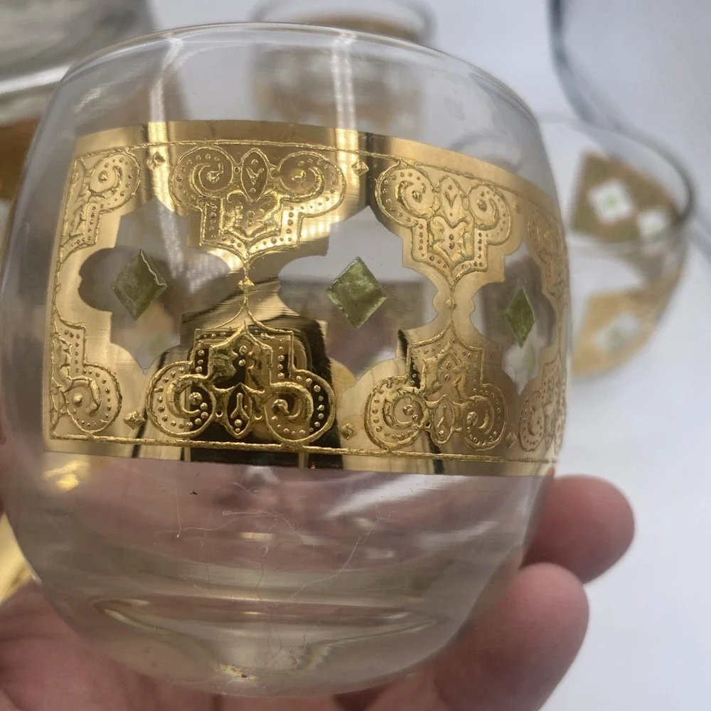 VTG Culver Green 22K Gold VALENCIA Ice bowl & Roly Poly Glasses BAR SET MCM